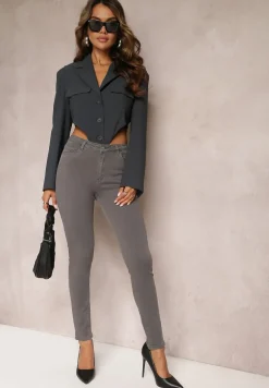 Ciemnoszare Jeansy Regular Waist o Fasonie Skinny z Zapięciem na Guzik i Suwak Efraim
