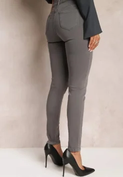 Ciemnoszare Jeansy Regular Waist o Fasonie Skinny z Zapięciem na Guzik i Suwak Efraim