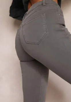 Ciemnoszare Jeansy Regular Waist o Fasonie Skinny z Zapięciem na Guzik i Suwak Efraim