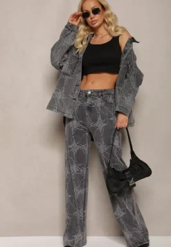 Ciemnoszare Jeansy z Bawełny High Waist Szerokie w Abstrakcyjny Wzór Orithiia