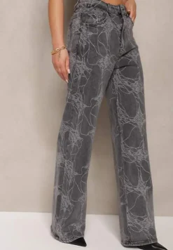 Ciemnoszare Jeansy z Bawełny High Waist Szerokie w Abstrakcyjny Wzór Orithiia