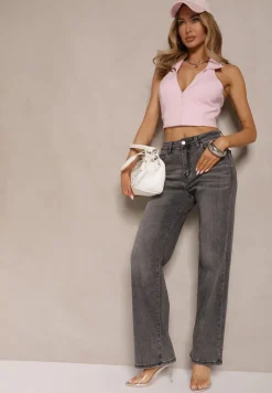 Ciemnoszare Jeansy z Bawełny o Szerokim Kroju High Waist Ozdobione Przetarciami Silmoi