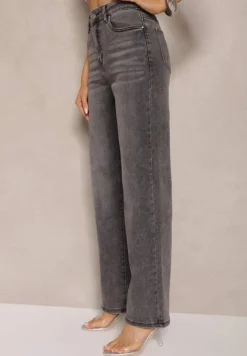 Ciemnoszare Jeansy z Bawełny o Szerokim Kroju High Waist Ozdobione Przetarciami Silmoi