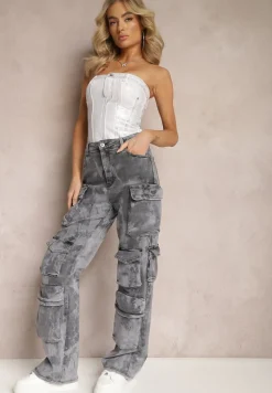 Ciemnoszare Jeansy z Szerokimi Nogawkami i Kieszeniami Cargo z Efektem Sprania Mokasia