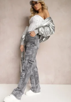 Ciemnoszare Jeansy z Szerokimi Nogawkami i Kieszeniami Cargo z Efektem Sprania Mokasia