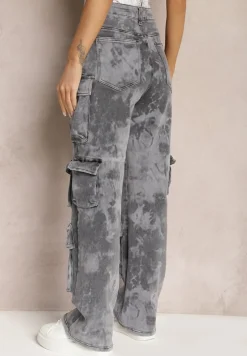 Ciemnoszare Jeansy z Szerokimi Nogawkami i Kieszeniami Cargo z Efektem Sprania Mokasia