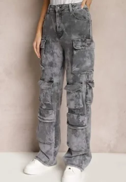 Ciemnoszare Jeansy z Szerokimi Nogawkami i Kieszeniami Cargo z Efektem Sprania Mokasia
