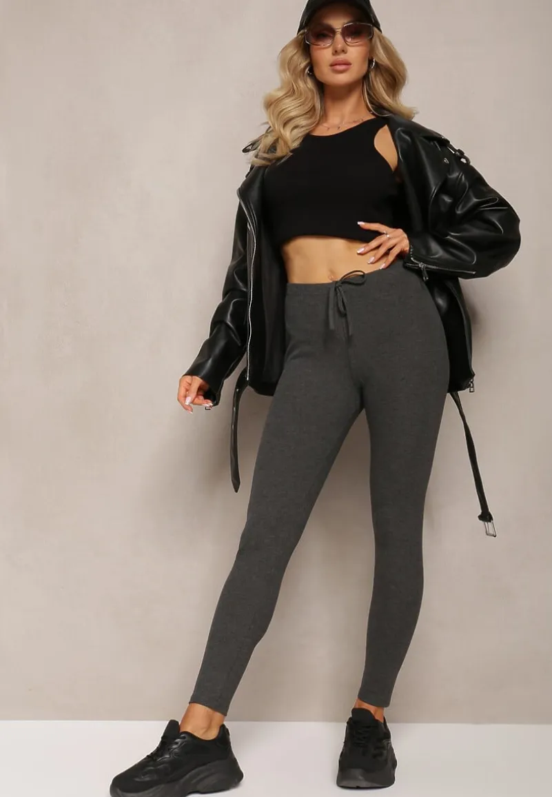 Ciemnoszare Legginsy ze Sznurkiem w Pasie z Elastycznej Bawełny Herccena