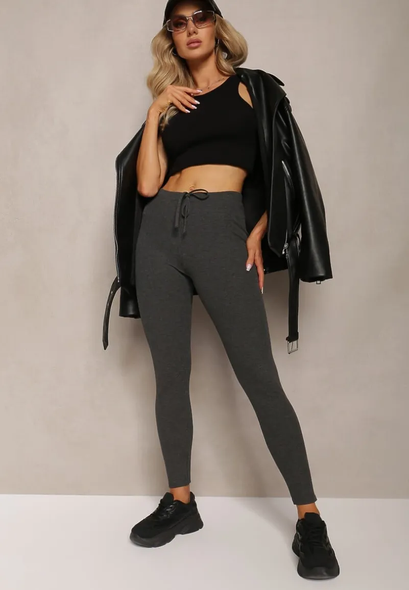 Ciemnoszare Legginsy ze Sznurkiem w Pasie z Elastycznej Bawełny Herccena