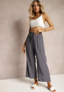 Ciemnoszare Spodnie z Bawełny Typu Palazzo z Gumką w Talii Fieana