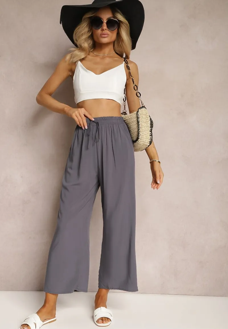 Ciemnoszare Spodnie z Bawełny Typu Palazzo z Gumką w Talii Fieana