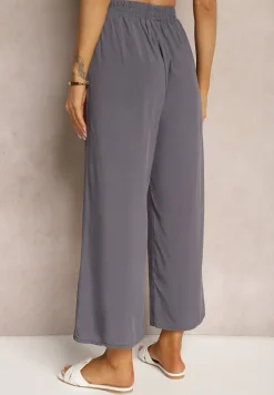 Ciemnoszare Spodnie z Bawełny Typu Palazzo z Gumką w Talii Fieana