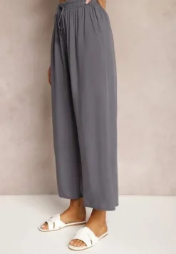 Ciemnoszare Spodnie z Bawełny Typu Palazzo z Gumką w Talii Fieana