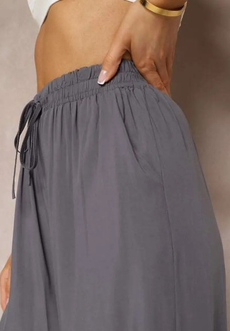 Ciemnoszare Spodnie z Bawełny Typu Palazzo z Gumką w Talii Fieana