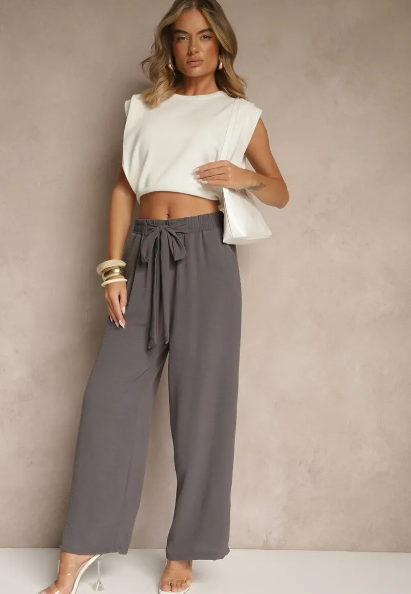 Ciemnoszare Spodnie z Wiskozą o Szerokim Kroju z Wiązanym Paskiem Zileindra