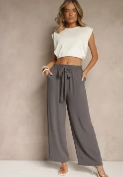 Ciemnoszare Spodnie z Wiskozą o Szerokim Kroju z Wiązanym Paskiem Zileindra