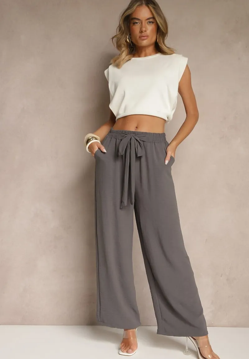 Ciemnoszare Spodnie z Wiskozą o Szerokim Kroju z Wiązanym Paskiem Zileindra