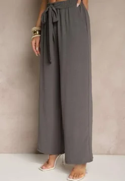 Ciemnoszare Spodnie z Wiskozą o Szerokim Kroju z Wiązanym Paskiem Zileindra
