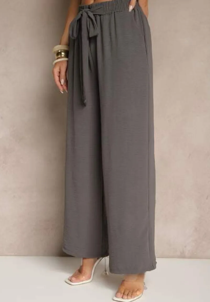 Ciemnoszare Spodnie z Wiskozą o Szerokim Kroju z Wiązanym Paskiem Zileindra