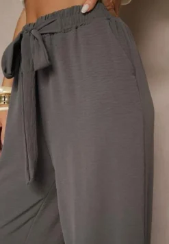 Ciemnoszare Spodnie z Wiskozą o Szerokim Kroju z Wiązanym Paskiem Zileindra