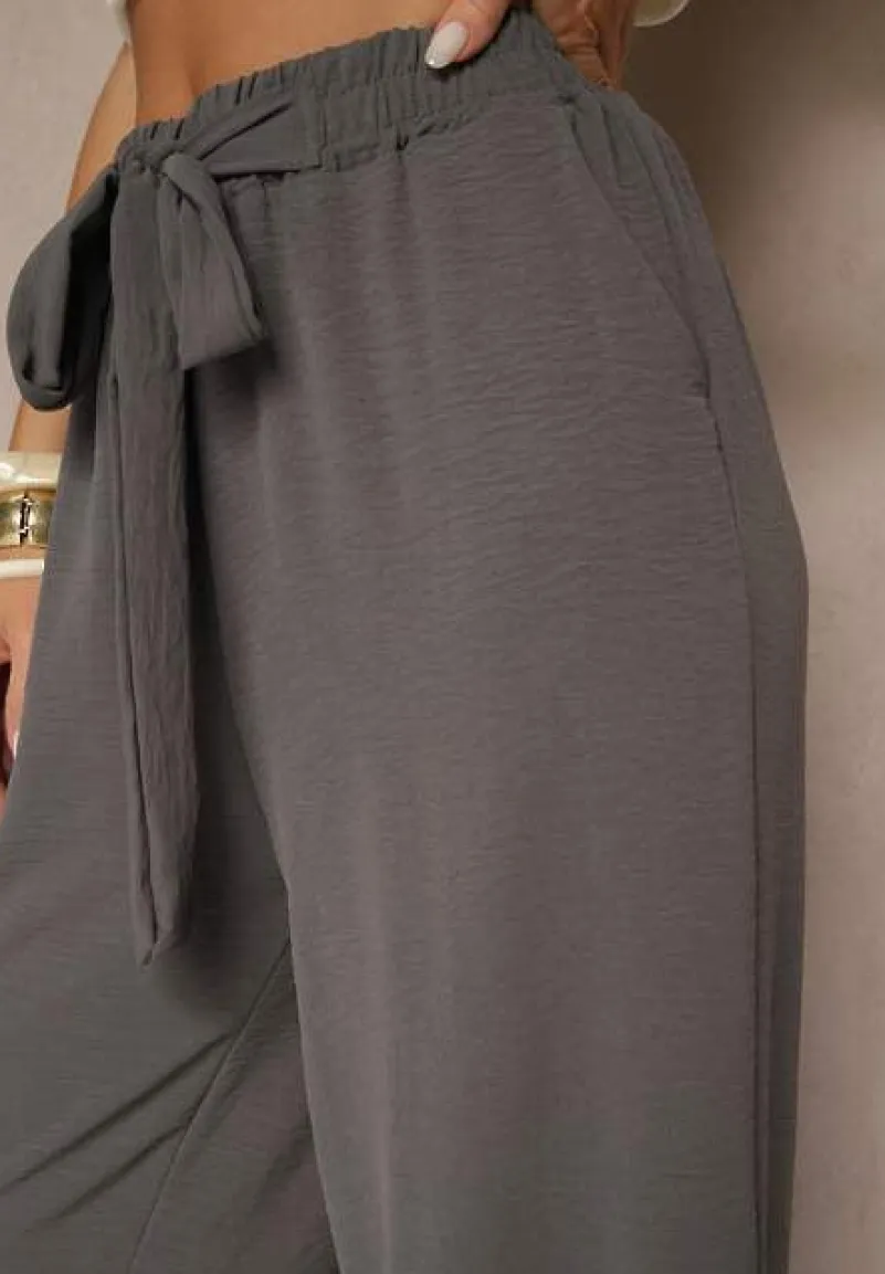 Ciemnoszare Spodnie z Wiskozą o Szerokim Kroju z Wiązanym Paskiem Zileindra