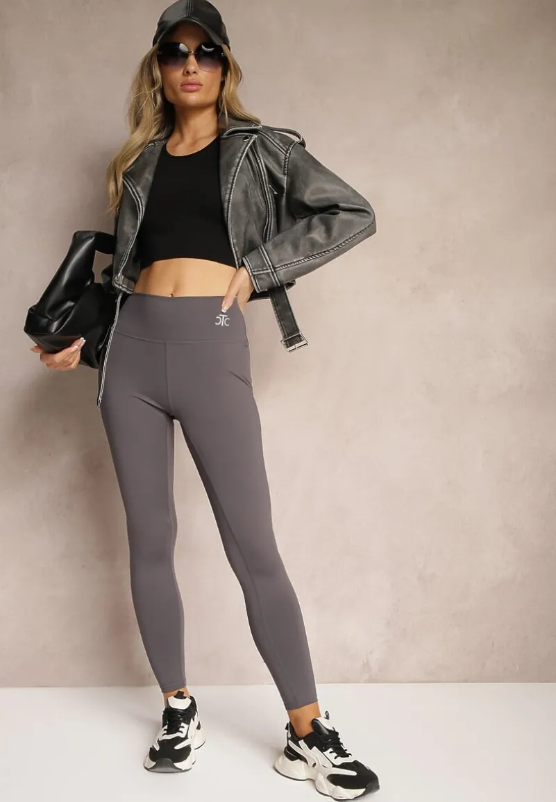 Ciemnoszare Sportowe Legginsy High Waist z Małym Ozdobnym Znaczkiem Lerilane