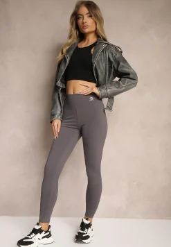 Ciemnoszare Sportowe Legginsy High Waist z Małym Ozdobnym Znaczkiem Lerilane