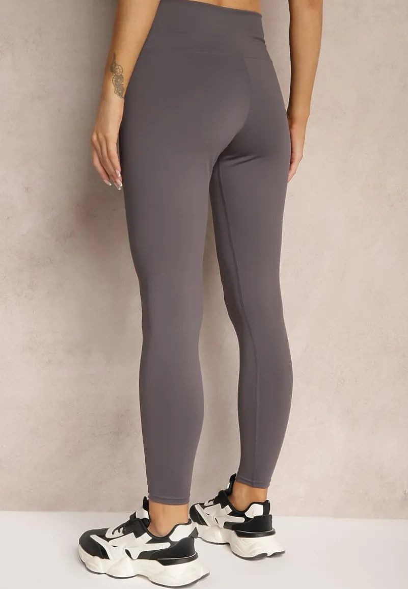 Ciemnoszare Sportowe Legginsy High Waist z Małym Ozdobnym Znaczkiem Lerilane