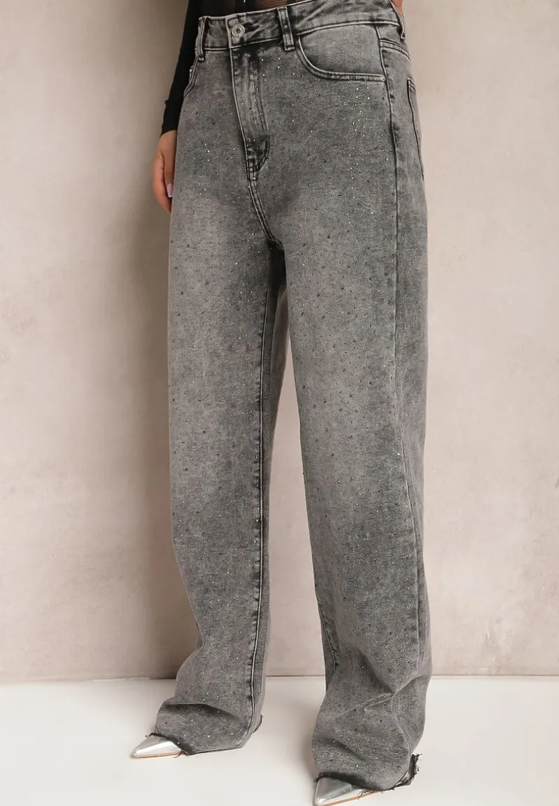 Ciemnoszare Szerokie Jeansy Ozdobione Drobnymi Cyrkoniami Wedessa