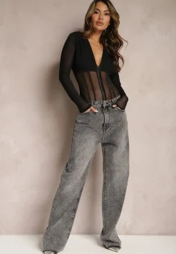 Ciemnoszare Szerokie Jeansy Ozdobione Drobnymi Cyrkoniami Wedessa