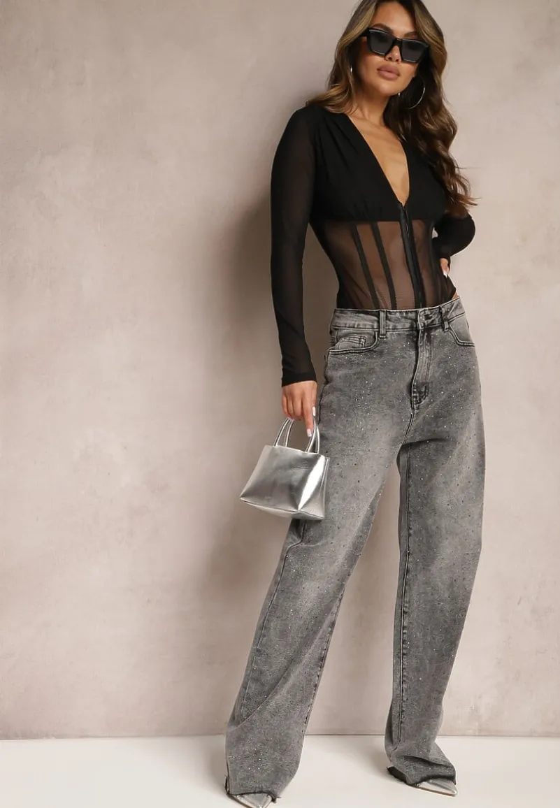 Ciemnoszare Szerokie Jeansy Ozdobione Drobnymi Cyrkoniami Wedessa