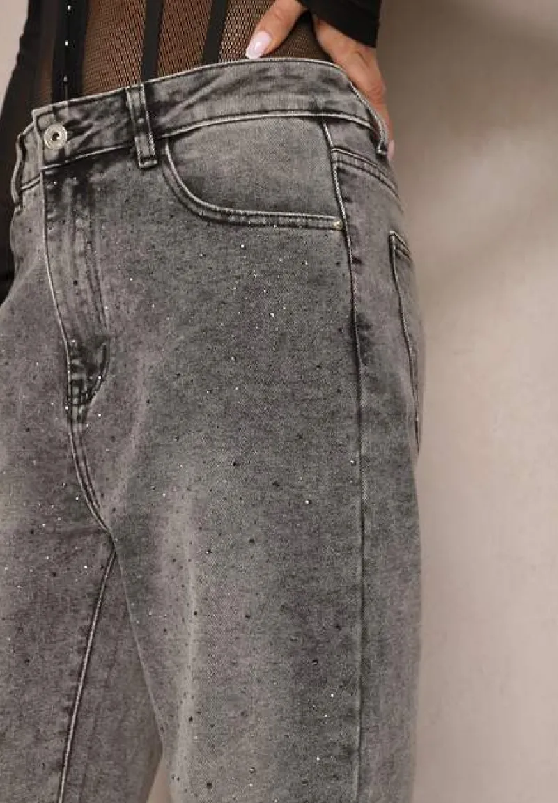 Ciemnoszare Szerokie Jeansy Ozdobione Drobnymi Cyrkoniami Wedessa