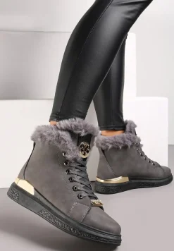 Ciemnoszare Traperki z Ozdobnym Futerkiem i Metaliczną Wstawką Isernia
