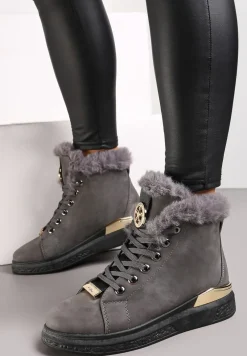 Ciemnoszare Traperki z Ozdobnym Futerkiem i Metaliczną Wstawką Isernia