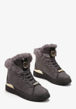 Ciemnoszare Traperki z Ozdobnym Futerkiem i Metaliczną Wstawką Isernia