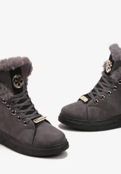 Ciemnoszare Traperki z Ozdobnym Futerkiem i Metaliczną Wstawką Isernia