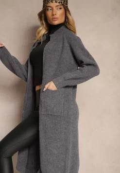Ciemnoszary Długi Kardigan o Prostym Kroju ze Stójką z Domieszką Wełny i Zapięciem na Suwak Bonitana