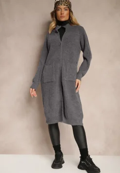 Ciemnoszary Długi Kardigan o Prostym Kroju ze Stójką z Domieszką Wełny i Zapięciem na Suwak Bonitana