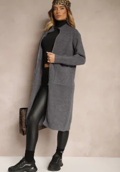 Ciemnoszary Długi Kardigan o Prostym Kroju ze Stójką z Domieszką Wełny i Zapięciem na Suwak Bonitana