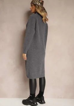 Ciemnoszary Długi Kardigan o Prostym Kroju ze Stójką z Domieszką Wełny i Zapięciem na Suwak Bonitana