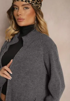 Ciemnoszary Długi Kardigan o Prostym Kroju ze Stójką z Domieszką Wełny i Zapięciem na Suwak Bonitana