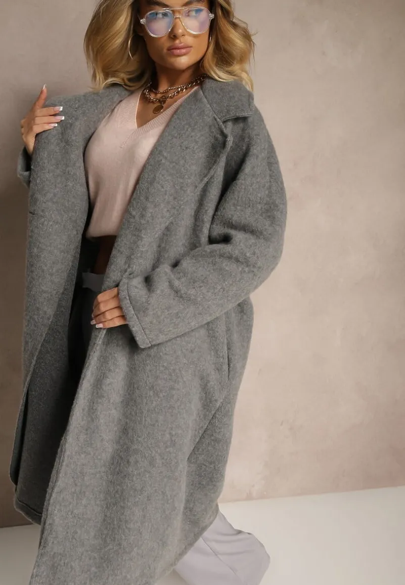 Ciemnoszary Długi Płaszcz Jednorzędowy o Kroju Oversize Vlekoma