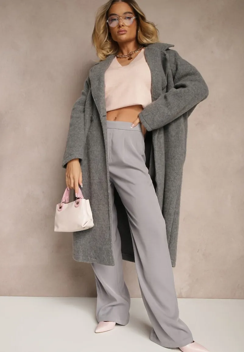 Ciemnoszary Długi Płaszcz Jednorzędowy o Kroju Oversize Vlekoma