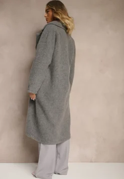 Ciemnoszary Długi Płaszcz Jednorzędowy o Kroju Oversize Vlekoma