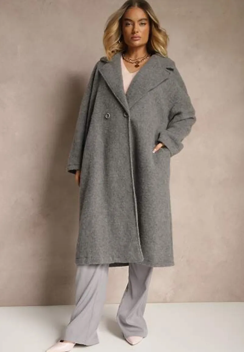 Ciemnoszary Długi Płaszcz Jednorzędowy o Kroju Oversize Vlekoma