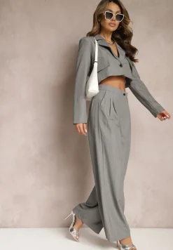 Ciemnoszary Garniturowy Komplet w Paseczki Marynarka Cropped i Szerokie Spodnie Mairilee