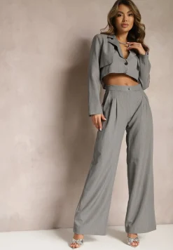 Ciemnoszary Garniturowy Komplet w Paseczki Marynarka Cropped i Szerokie Spodnie Mairilee