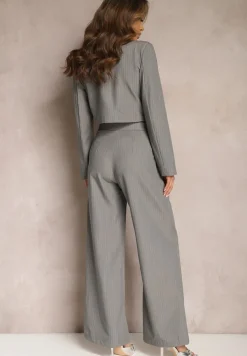 Ciemnoszary Garniturowy Komplet w Paseczki Marynarka Cropped i Szerokie Spodnie Mairilee