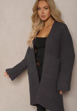 Ciemnoszary Kardigan Bez Zapięć Zdobiony Luźnym Splotem i Wsuwanymi Kieszeniami Calineth