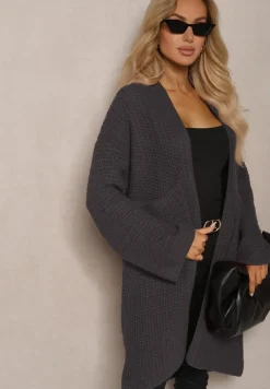 Ciemnoszary Kardigan Bez Zapięć Zdobiony Luźnym Splotem i Wsuwanymi Kieszeniami Calineth